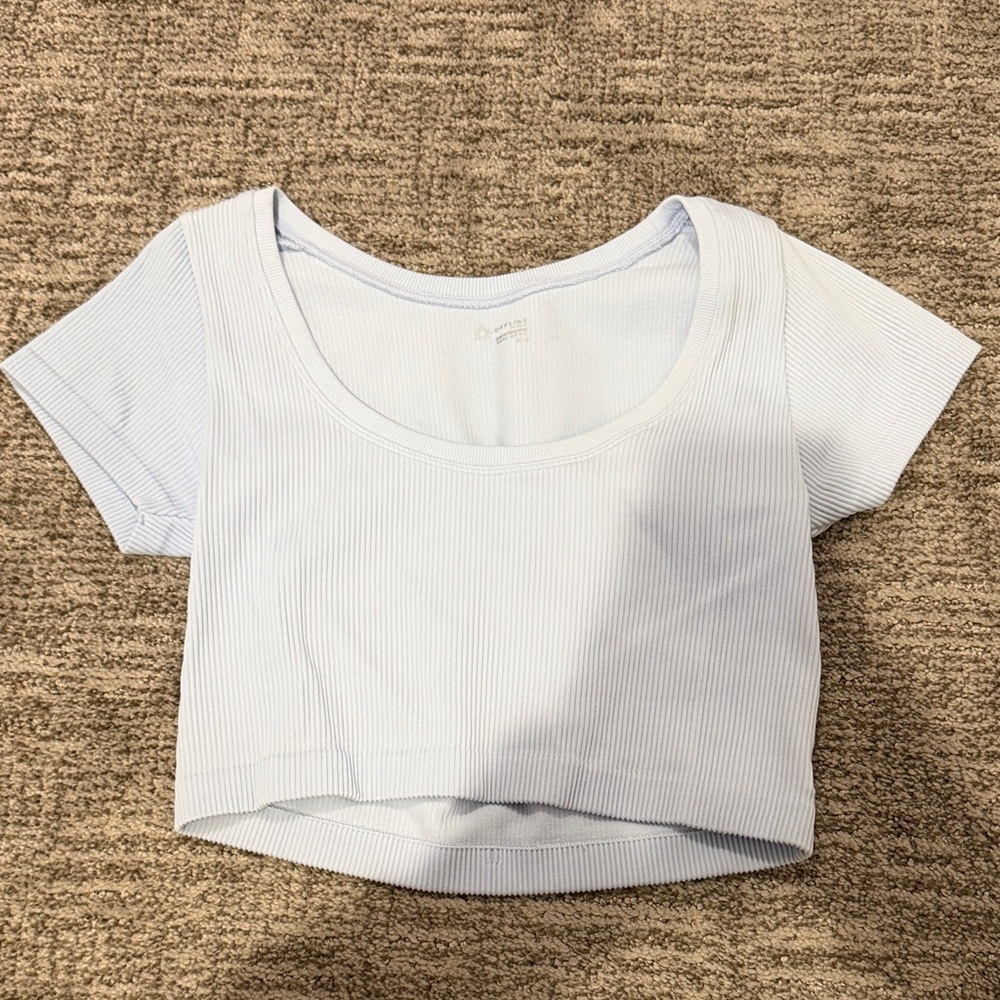 aerie Light Blue Ribbed Scoop-Neck Crop Tee